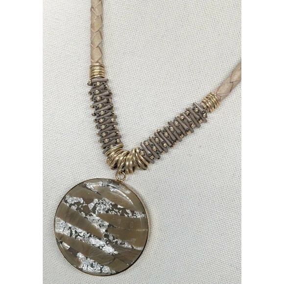 CHICO'S Pendant Necklace Circle Brown Gold Tone Silver Tone Metallic Tan Braided - Picture 4 of 9